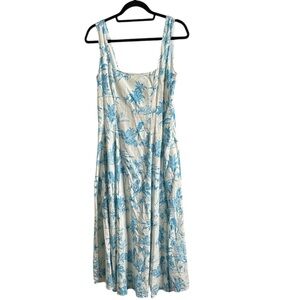 Joie Blue and White Floral parrot print square neck Women Dress linen cotton 6